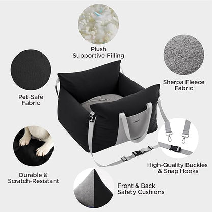 Lesure Small Dog Car Seat for Small Dogs - Waterproof Dog Booster Car Seat with Storage Pockets, Clip-On Safety Leash and Thickened Memory Foam Filling, Pet Carseat Puppy Travel Carrier Bed, Black