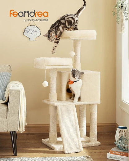Feandrea Cat Tree, 45.3-Inch Cat Tower, Plush Condo with Scratching Post, Ramp, Perch, Spacious Cave, for Small Space, Beige UPCT141M01