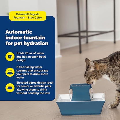 PetSafe Drinkwell Pagoda Fountain - Hygienic Ceramic Continuous Flowing Fountain - Elevated Upper Bowl & Double Free-Falling Stream Design - Minimalist Pet Hydration Station - 70 oz Capacity