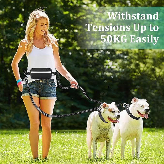 Philorn Hands Free Dog Leash for 2 Dogs, Adjustable Waist Leash for Medium Large Dogs Walking, Running, Jogging, Hiking, Dual Handles and Durable Bungee