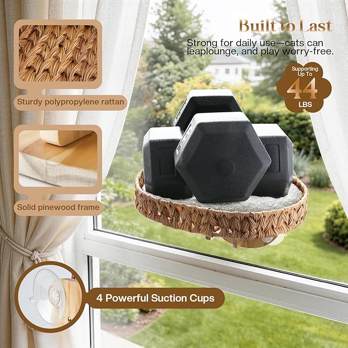 2 Ways Cat Window Perch with Solid Wood Frame, Wicker Design Cat Window Seat with 4 Suction Cups, Window Hammock for Cats Inside with Removable Cusion, Cat Hammock for Window & Wall