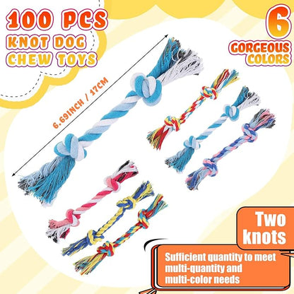 100 Pcs Knot Rope Dog Toys Multi Color Puppy Chew Toy Cotton Puppy Dental Teething Toys 2 Knot Dog Tug for Small and Medium Dogs Aggressive Chewers Supplies