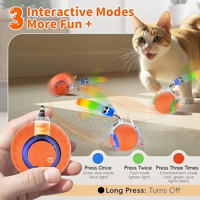 UPSKY Interactive Cat Toy Ball - Automatic Interactive Cat Toys for Indoor Cats, 3-Speed Modes Smart Kitten Toys with Sounds, Rechargeable Cat Ball for Bored Indoor Adult Cats (Orange)