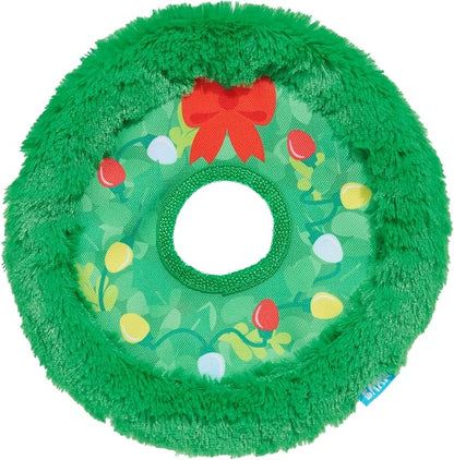 Barkbox Get Lit Wreath Dog Toy – Holiday Fetch & Fling Disc with T-Shirt Rope, Crazy Crinkle & Long Plush Hair – Durable Holiday Play Toy for Dogs