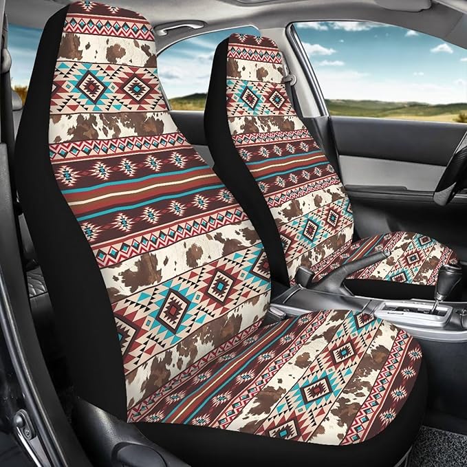 Aztec Cow Print Car Seat Covers Full Set of 2 Waterproof Breathable Car Seat Cover for Front Seats Elastic Fabrics Easy to Install Universal for Auto Truck Van SUV