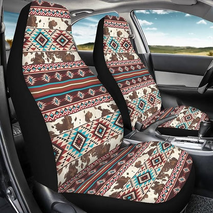 Aztec Cow Print Car Seat Covers Full Set of 2 Waterproof Breathable Car Seat Cover for Front Seats Elastic Fabrics Easy to Install Universal for Auto Truck Van SUV