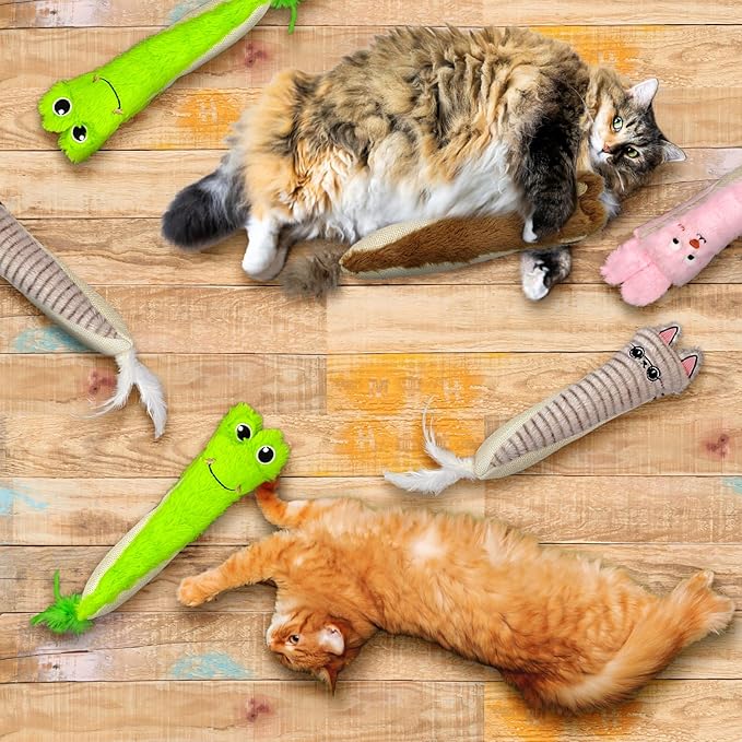 Andiker Cat Toys for Indoor Cats,10.24in Plush Catnip Toy with Crinkle Paper Inside,Fluffy Interactive Cat Toy with Feather and 2 Sisal Scratchers for Biting, Chewing, Scratching and Kicking