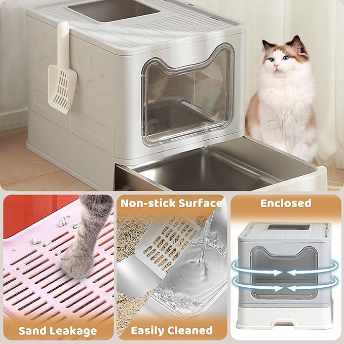 Enclosed Cat Litter Box with Lid Top Exit Covered Metal Stainless Steel Litter Box Leak Proof & Odorless Easy to Clean Including Cat Litter Scoop and Litter Mat