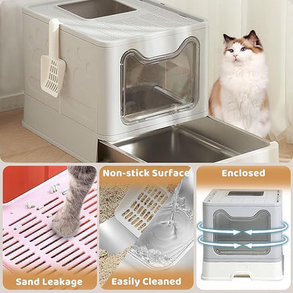 Enclosed Cat Litter Box with Lid Top Exit Covered Metal Stainless Steel Litter Box Leak Proof & Odorless Easy to Clean Including Cat Litter Scoop and Litter Mat