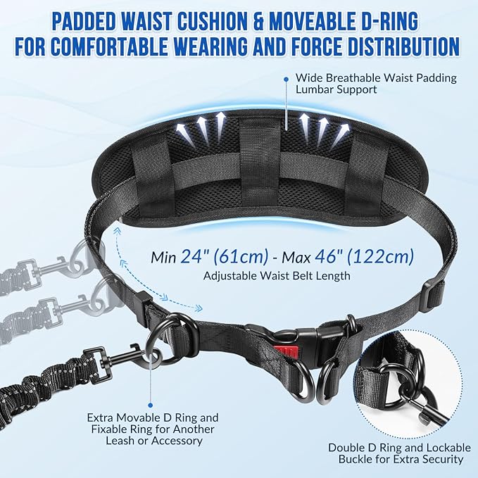 SlowTon Hands Free Dog Leash - with Removable Zipper Pouch, Shock Absorbing Bungee, Dual Handle & Reflective Stitches, Wide Padded Adjustable Waist Leash for Dogs Walking Running (M, for 1 Dog)