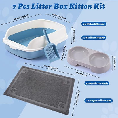 Sliner 7 Pcs Kitten Litter Box Starter Kit, 2 Plastic Small Kitty Litter Box Training Low Entry with Scoop, 2 Double Cat Bowl and Mat for Kitten Indoor(Blue)