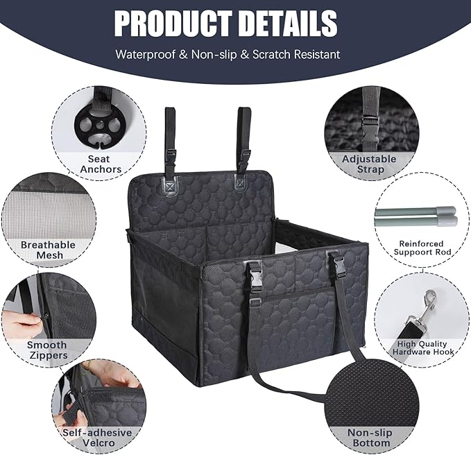 Dog Car Seat for Medium Small Dogs, Pet Car Seat with Adjustable Safety Belt & Storage Pockets, Breathable Waterproof Pet Car Seats Cover, Small Dog Seats for Dogs Under 30lbs (Medium, Black)