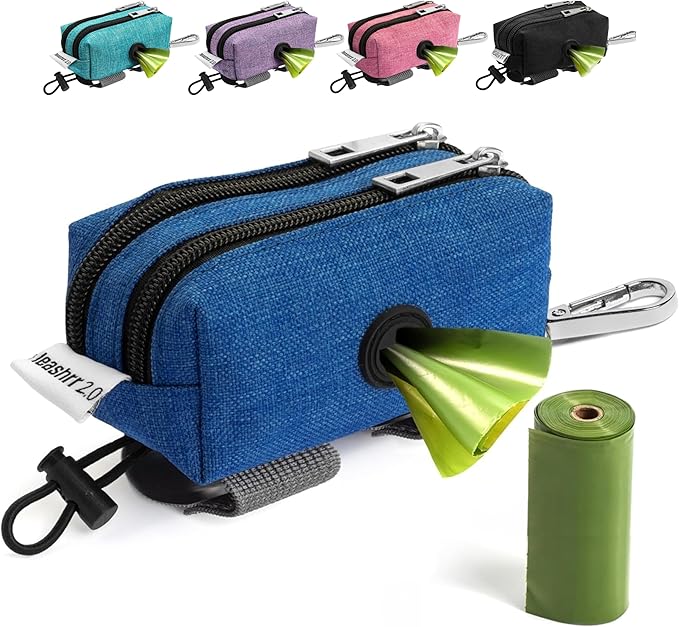 Dog Poop Bag Holder for Leashes - Dog Poop Bag Dispenser and Treat Holder with 2 Waterproof Pouches for Pet Waste Bags and Walking Accessories + 1 Free Roll - Leashrr 2.0 (Blue)
