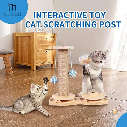 Marchul 4 in1 Interactive Cat Toy, Natural Sisal Cat Scratching Post with Hanging Balls, Cat Toys with Roller Track Ball by Wooden, Cat Food Feeder Toy with Treat Ball for Indoor Cats and Kittens
