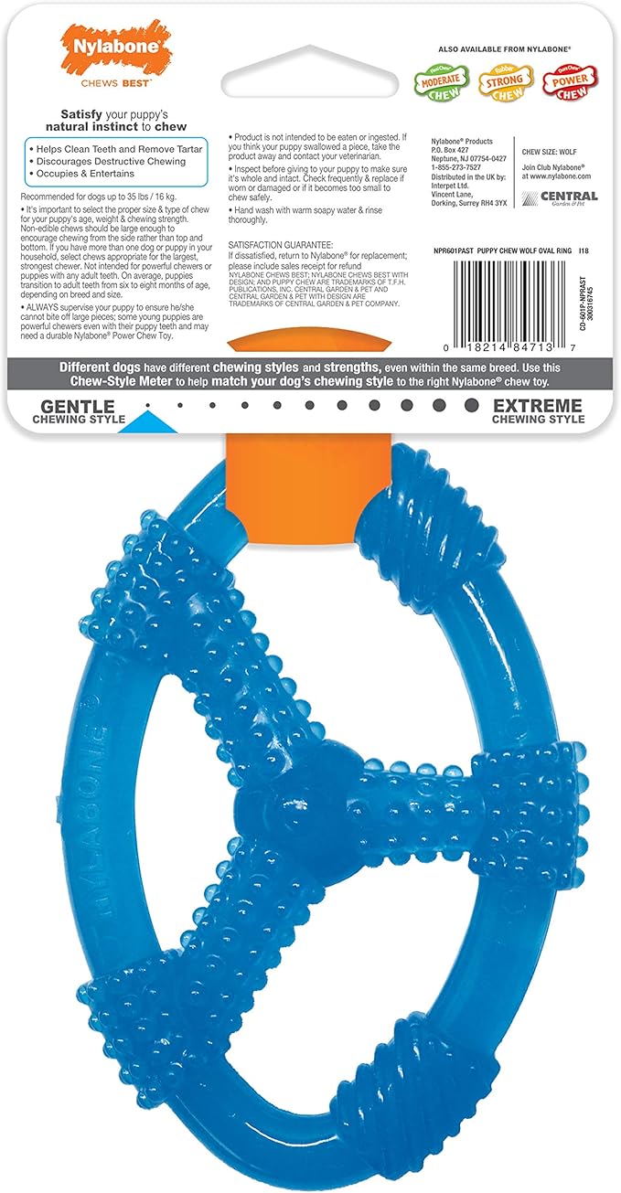 Nylabone Spin Tug & Play Puppy Chew Ring Toy, Soothing Puppy Teething Bone, Enrichment Toy for Puppies, Blue, Peanut Butter Flavor, Medium Dogs - Up to 35 lbs., 1 Count