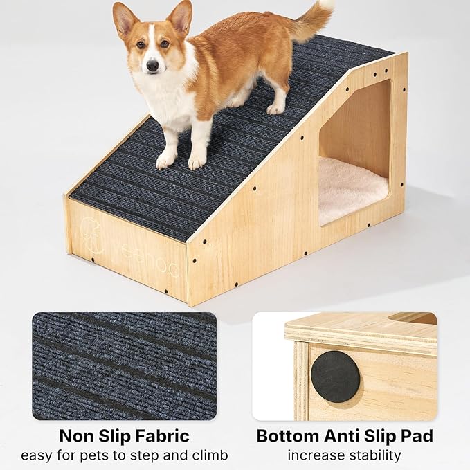 Veehoo Small Dog Ramp for Bed Couch, Wooden Ramps for Dogs to Get on Bed Couch with Cat Cave Condo Non Slip Surface and Bottom Pad, 16" Wide Doggy Stairs Puppy Steps Small Pet Ramp Ladder for Indoor