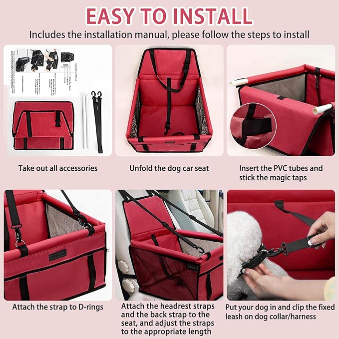 PetsHome Dog Car Seat Foldable Dog Car Booster Seat Waterproof Breathable Oxford Travel Bag for Small to Medium Dogs, Puppies, and Pets-Pure Red
