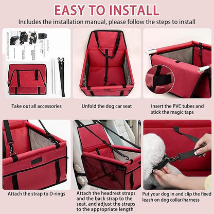 PetsHome Dog Car Seat Foldable Dog Car Booster Seat Waterproof Breathable Oxford Travel Bag for Small to Medium Dogs, Puppies, and Pets-Pure Red