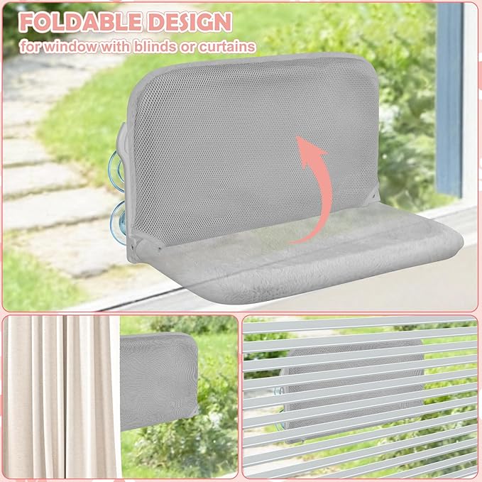 2 Pack Cat Window Perch,Cat Window Hammock Cordless Foldable Window Bed with 4 Large Strong Suction Cup,Reversible Cushion Cover,Metal Frame Easy to Adjust Window Seat Holds up to 40lbs(Gray)