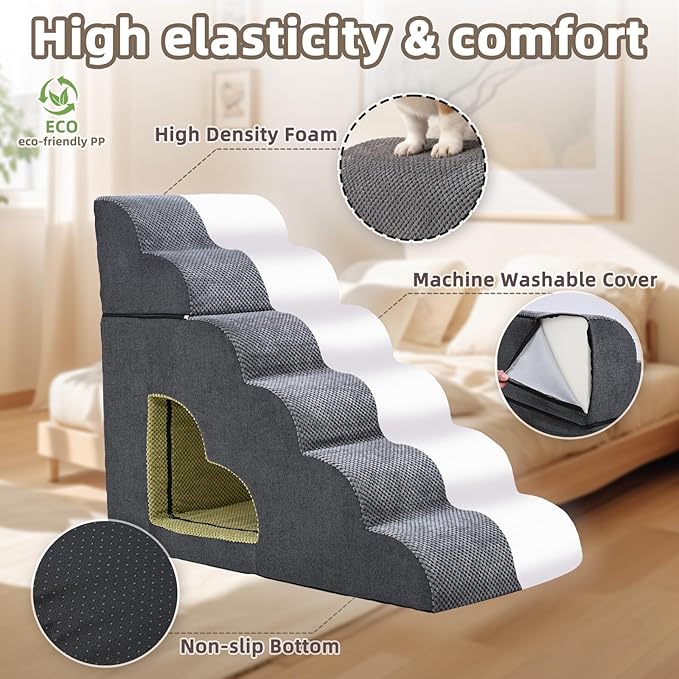 Dog Stairs for High Bed, Pet Stairs-6 Steps Up to 30" H High Bed with Tunnel 2 in 1 with Zippers Suitable, Non-Slip Balanced Indoor Pet Ramp for Dogs and Cats - Grey 6 Tiers