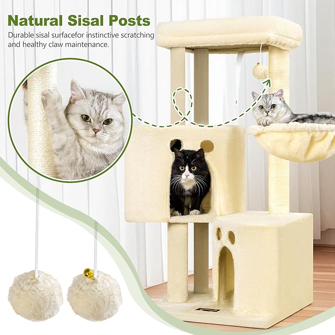 Small Cat Tree Tower for Indoor Cats, 40 in Medium Multi-Level Compact Cat House Bed with 2 Condos, Large Platform Perch, Sisal Scratching Post, Hammock, Cat Climbing Stand for Kitty Kitten(Beige)