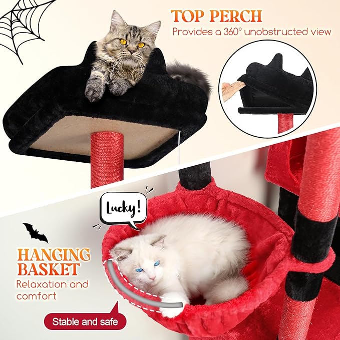 Globlazer Extra Large Gothic Cat Tower, 81-inch Tall Goth Cat Tree for Big Cats 20 lbs, XXL Heavy Duty Cat Scratching Tower for Indoor Adult Cats with 3 Cat Condos, 8 Scratching Posts, F81, Red Black