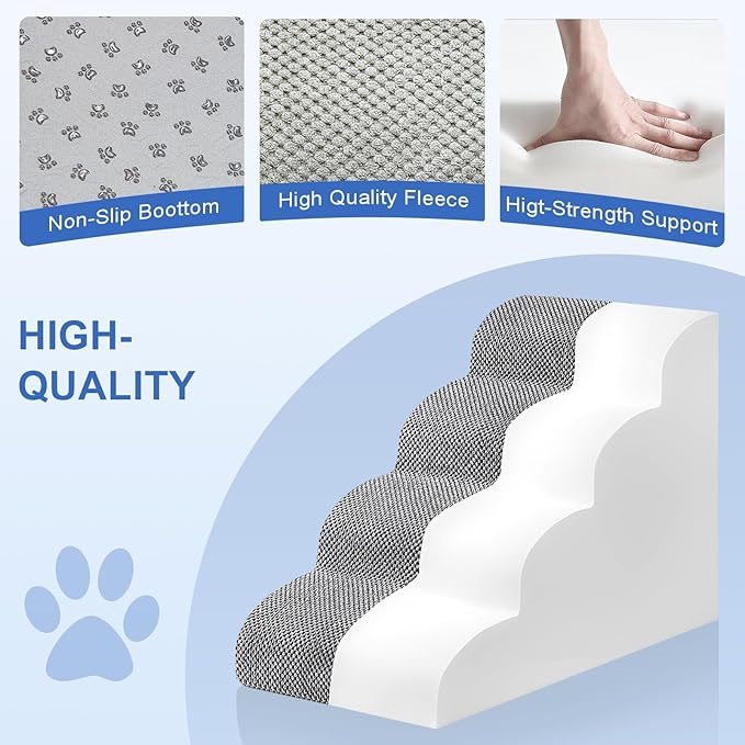 Dog Stairs for Bed 28.7”H, 4 Extra Deeper Ramp/Steps for Small Dogs & Cats to get on High Bed or Couches, Grey
