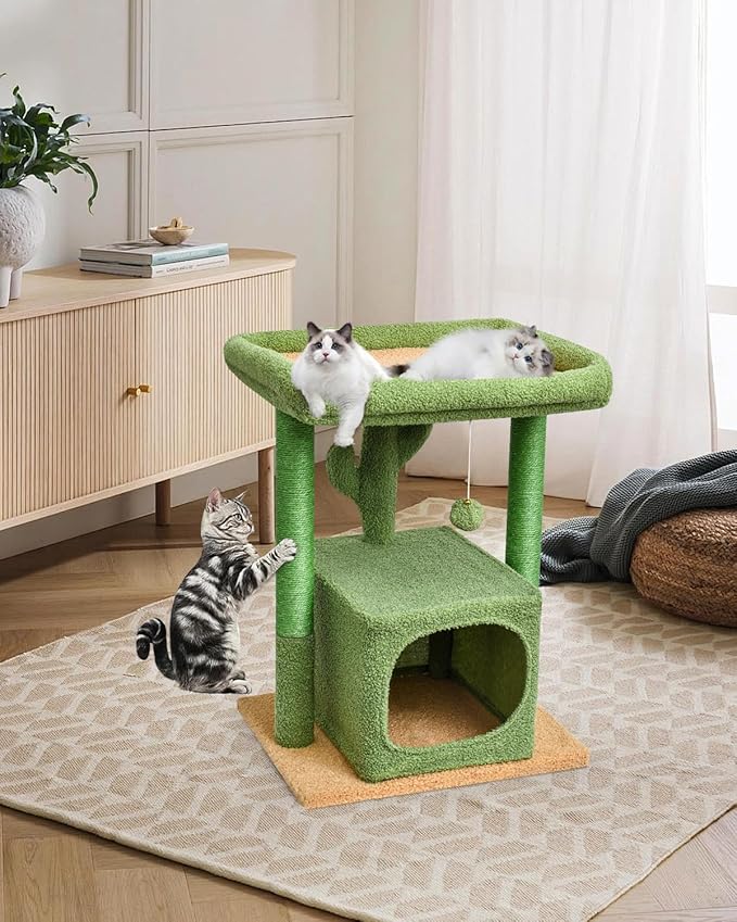 SYANDLVY 27" Cactus Cat Tree for Indoor Cats, Green Activity Tower with Scratching Posts, Modern Kitten Condo with Plush Perch & Hanging Ball for Play