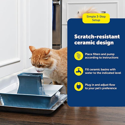 PetSafe Drinkwell Pagoda Fountain - Hygienic Ceramic Continuous Flowing Fountain - Elevated Upper Bowl & Double Free-Falling Stream Design - Minimalist Pet Hydration Station - 70 oz Capacity