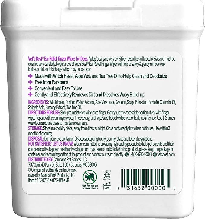 Vet's Best Ear Relief Finger Wipes, Ear Cleansing Finger Wipes for Dogs, Sooths & Deodorizes, 50 Disposable Dog-Wipes (Pack of 2)
