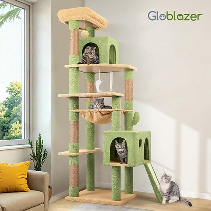 Globlazer Large Cactus Cat Tree Tower, 70in Tall Heavy Duty Green Cat Tree for Indoor Cats Sturdy Cat Tower with Scratching Post and Board, Hammock, Cat Condos for Adult Cats Kittens, F70 Pro, Green