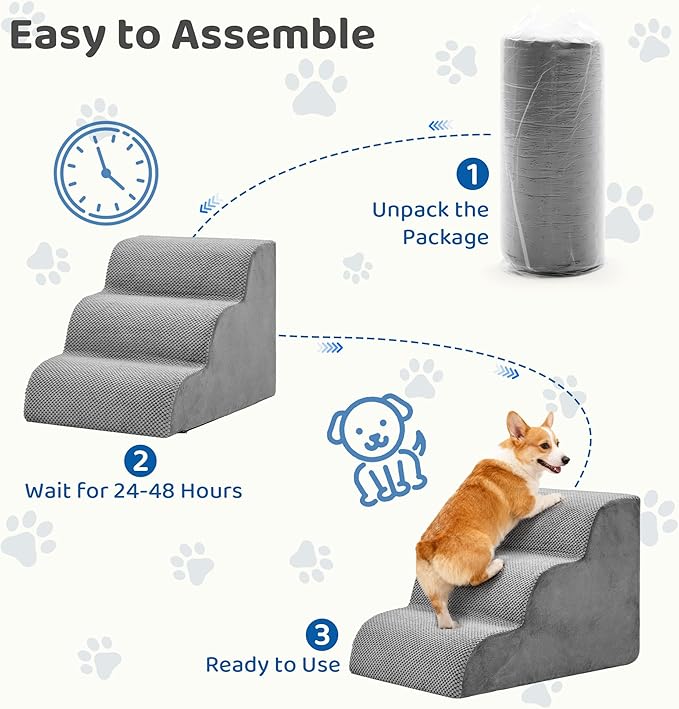 DUMOS Dog Stairs Ramp for Small Dogs and Cats, 3-Step Curved Pet Dog Steps with High-Density Foam for Puppy and Older Cats, Indoor Non-Slip Pet Ladder Ramp Stairs for Couch, High Beds, Sofa, Car, Grey