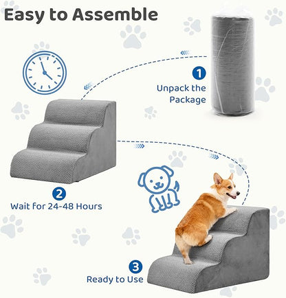 DUMOS Dog Stairs Ramp for Small Dogs and Cats, 3-Step Curved Pet Dog Steps with High-Density Foam for Puppy and Older Cats, Indoor Non-Slip Pet Ladder Ramp Stairs for Couch, High Beds, Sofa, Car, Grey