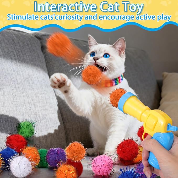Mity rain 101PCS Cat Ball Launchers & Pom Pom Balls Interactive Cat Toy Set – Safe Soft Plush Kitten Toys for Indoor Cats, Fun Kitten Toys for Endless Active Play (Shining)