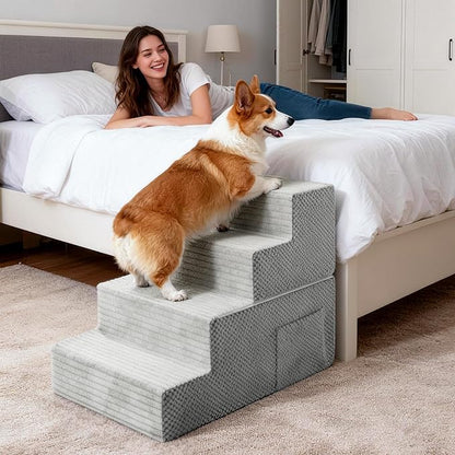 Dog Stairs for Small Dogs, 4-Step Dog Ramp for Bed 17.3" H, Dogs Steps for Bed, Couch, Pet Stairs with Non-Slip Bottom Design,High Density Foam Portable Pet Steps, Light Grey