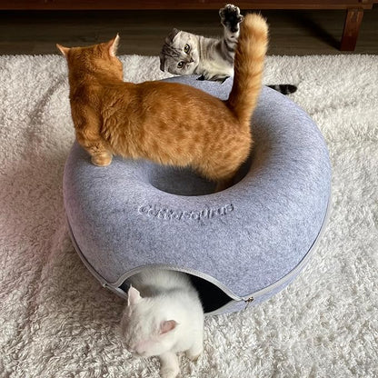 Cattasaurus Peekaboo Cat Cave Donut for Multiple & Large Cats up to 30-45 lbs, 3-in-1 Self Warming Cat Bed, Tunnel & Scratcher for Indoor Cats, Washable & Detachable Small Dog Bed (Light Gray, Large)