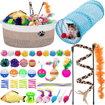 Leitee 38 Pcs Cat Storage Basket Gift Toy Set Kitten Toys Assortments, Including 2 Way Tunnel, Bell Crinkle Balls Spring Feather Teaser Sisal Ball Simulated Fish, Interactive for Indoor Pet