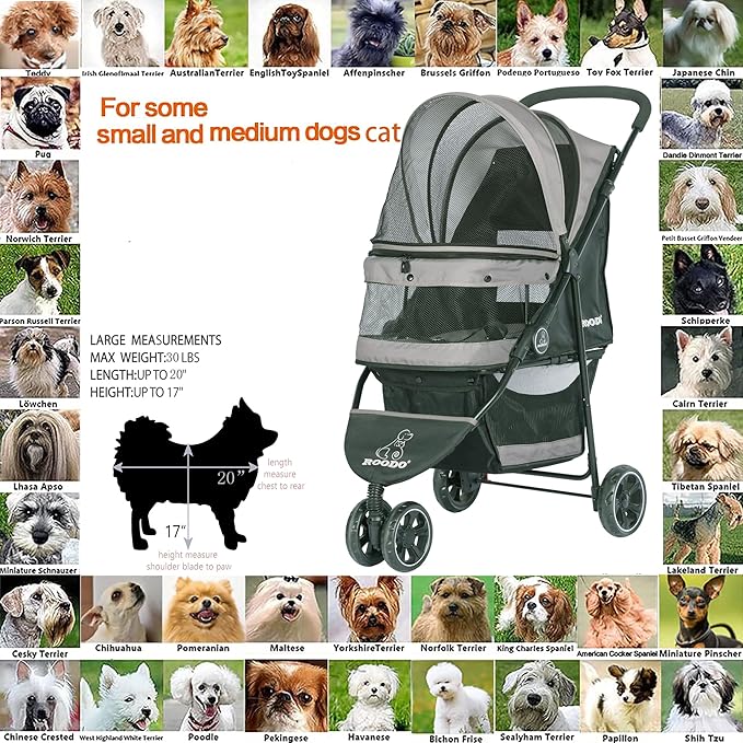 ROODO Escort 3 Wheel Dog Cat Pet Stroller for Small/Medium Dogs Cats Best Lightweight Foldable Portable Compact Jogger All Terrain Travel Pet Gear System Puppy Doggie Bunny Kitty Stroller(Grey)