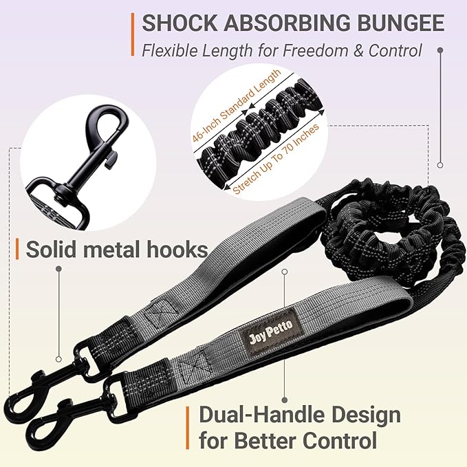 4-6 FT Hands-Free Dog Leash for Running & Walking - Adjustable Waist Belt (28-47"), Shock-Absorbing Bungee, 2 Reinforced Handles, Reflective & Anti-Pull for Small/Medium Dogs, Grey
