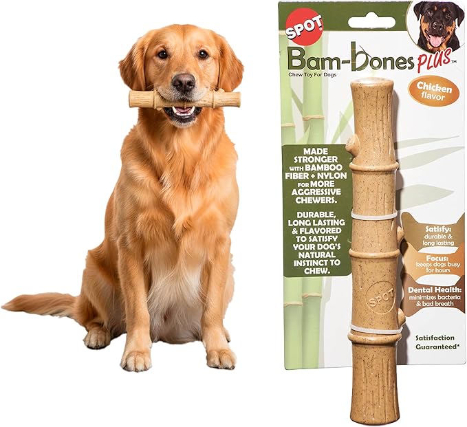 SPOT Bam-Bones Plus Bamboo Stick - Bamboo Fiber & Nylon, Durable Long Lasting Dog Chew for Aggressive Chewers – Great Toy for Adult Dogs & Puppies Under 90lbs, Non-Splintering, 9.5in, Chicken Flavor
