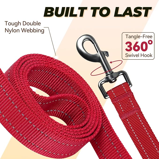 VIVAGLORY Dog Leash Twingrip Double Handle Dog Leash with Traffic Handle Control & 2 Loop for Walking & Training, Reflective Heavy Duty for Puppy Pet Collar, 5ft x 1in, Red