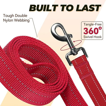 VIVAGLORY Dog Leash Twingrip Double Handle Dog Leash with Traffic Handle Control & 2 Loop for Walking & Training, Reflective Heavy Duty for Puppy Pet Collar, 5ft x 1in, Red
