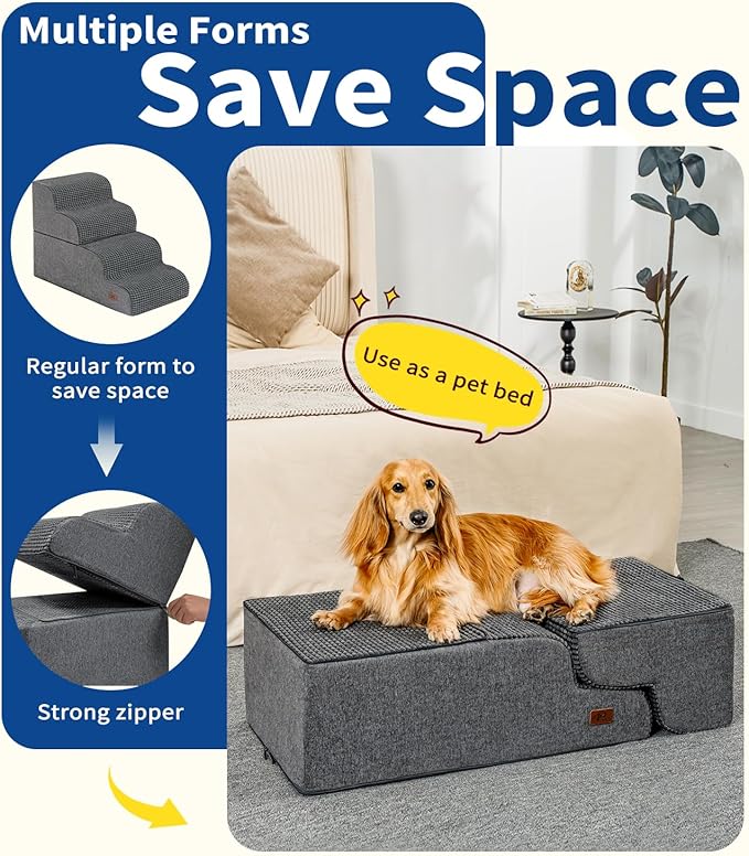 Dog Stairs for Small Dogs, 15.7" H Dog Steps for Bed 35D Strong Support Foam Stairs for High Bed or Couch Sofa Non-Slip Balanced Pet Steps Indoor, Grey