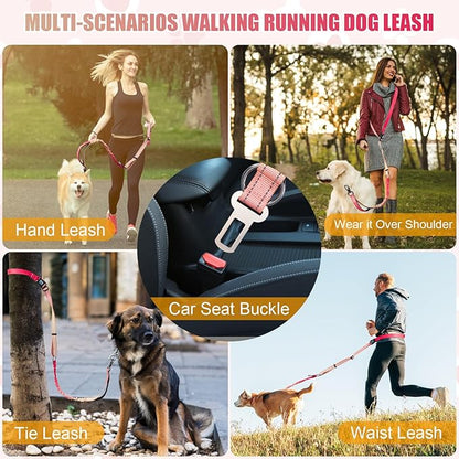 Heavy Duty Hands Free Dog Leash, 5-7 FT Reflective Adjustable Waist Dog Leash Belt with Padded Handles, Shock Absorbing Bungee and Car Seat Belt for Large Medium Dogs (Gradient Rose, XL)