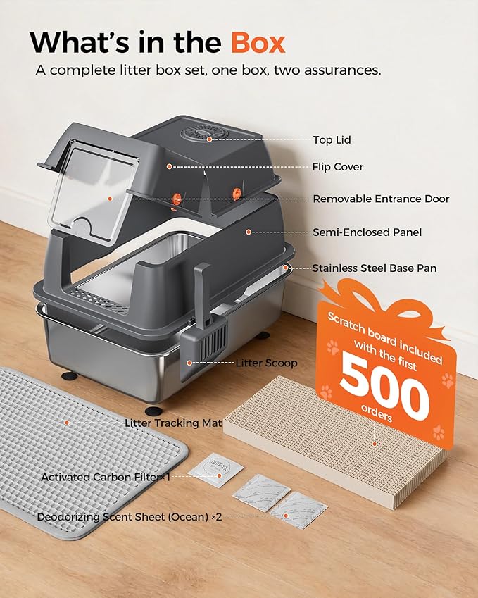 GTPLAYER XXL Stainless Steel Cat Litter Box with Lid, High Sided Enclosed Covered Litterbox, Activated Carbon Odor Control, Extra Large Metal Cat Box, Non-Stick, with Mat & Scoop, Grey