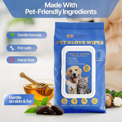Pet Cleaning Glove Wipes for Dogs & Cats - Hypoallergenic Coconut Infused Extra Thick Dog Washing Gloves - Deodorizing Grooming Mitts - Puppy and Cat Cleaning Wipes - 20 Count