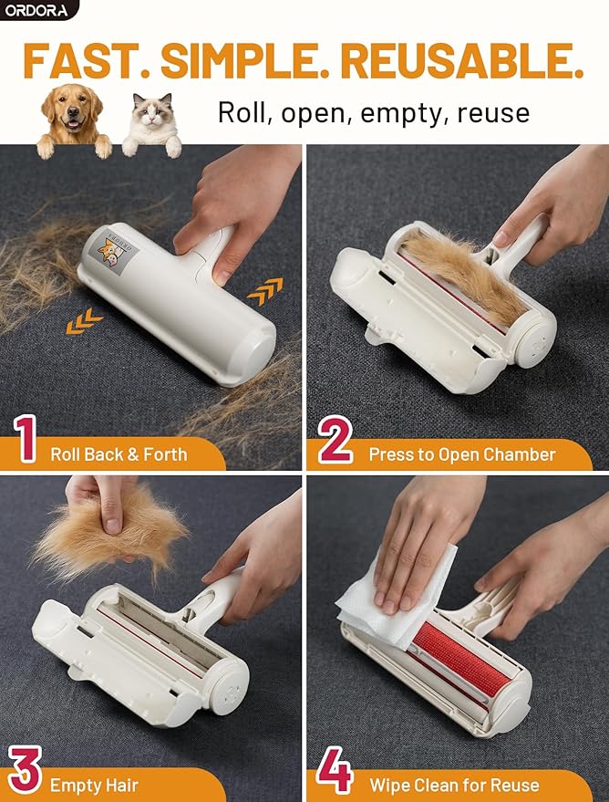 ORDORA Pet Hair Removal Tool: Reusable Lint Roller for Pet Hair - Portable Pet Hair Remover - Dog and Cat Hair Remover for Couch, Bedding, Car, Rugs & Furniture, Eco-Friendly, for Multi-Pet Homes