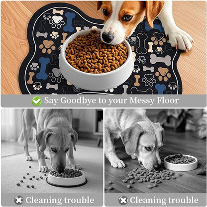 Dog & Cat Food Mat Bone Shaped Pet Feeding Mat Quick Absorb Water Bowl Placemat with Rubber Backing Indoor Floor Stain Resistant Pet Accessory Supplies (Black, 12x18 Inches)