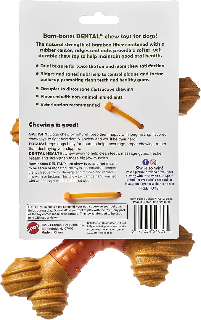 SPOT Bam-Bones Dental X-Bone - Made with Bamboo Fiber and a Massaging Rubber Center, Durable Oral Care Dog Chew for Light Chewers & Teething Puppies under 40lbs, 8in Allergen Free Peanut Butter Flavor