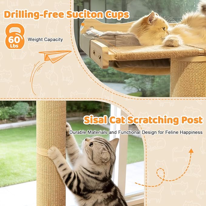 54.3" Cat Window Perch with 3 Adjustable Roman Column Sisal Posts, Gray Rabbit Fleece Cushions, Drill-Free Suction Cups, Multi-Level Bird Watching Perch, 60 lbs Capacity
